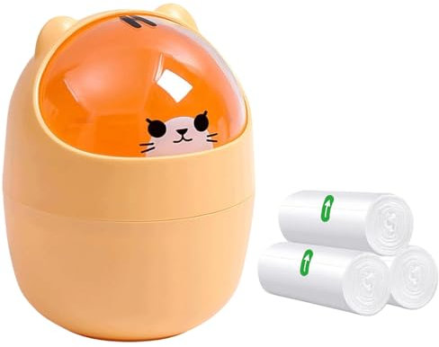 Mini Trash Can, Creative Tiny Countertop Garbage Bin with 5 Rolls of Bin Liners, Cute Desktop Wastebasket with Flip Lid, Cartoon Plastic Storage Bin for Bedroom, Bathroom, Kitchen, Office (Orange)