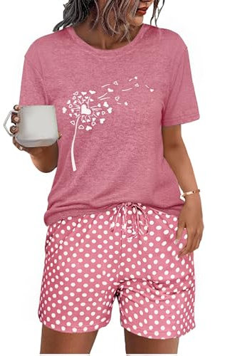 Uniexcosm Schlafanzug Damen Kurz Zweiteiler Pyjama Set Baumwolle Nachtwäsche Löwenzahnmuster Oberteil und Polka Dot Schlafshort Sleepshirt für Sommer Rosa L