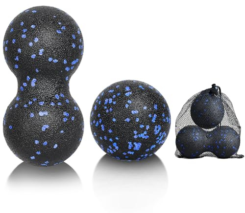 LOPHE Bola de Masaje, 2 Piezas Juego de Bolas Miofasciales, Bola de Masaje de Maní, Rodillo de Masaje, Bola de Masaje Deportivo, Alivia el Dolor Muscular, Punto Negro+Azul