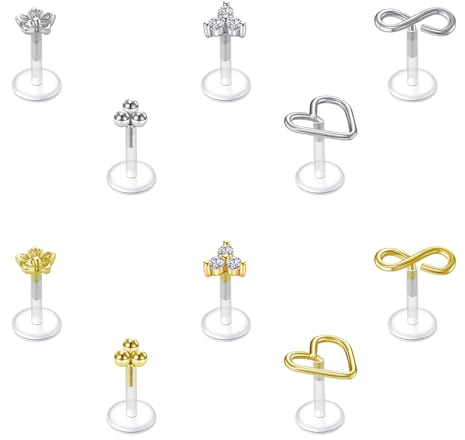 Briana Williams 10pcs Piercing Lèvres Bioflex Flexible Argent Or Labret Stud Boucles d'oreilles Tragus Helix Piercing 1.2mm 6mm