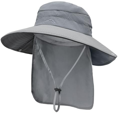 Chapeaux de soleil pour homme et femme, chapeau de safari UPF 50+, chapeau de pêche à large bord avec rabat pour le cou, chapeau cloche pliable pour l'été, la pêche, la randonnée, Gris foncé, taille