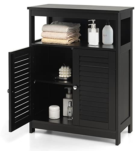 COSTWAY Armario del Baño, Armario de Madera con Doble Puerta de Persiana y Repisa Regulable, Mueble Baño Salón Dormitorio, 60 x 30 x 80 cm (Negro)