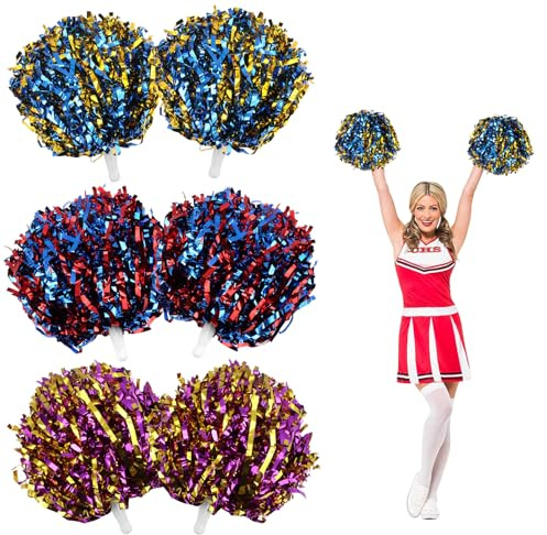 6 Pezzi Pon Pon Cheerleader, Pom Pom da Cheerleader con Manico, Metallico Cheerleading Pompons Pallina di Fiori, Metall Pompons Cheerleader per Competizione, Eventi Sportivi