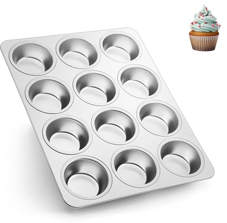 Herogo Moule à muffins en acier inoxydable pour 12 muffins, moule à muffins en métal pour cupcake, yorkshire pie, pudding, muffin facile à nettoyer, passe au lave-vaisselle, non toxique, argenté