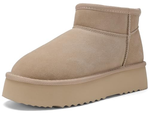 AoSiFu Platform Mini Boots for Women Genuine Suede Leather Classic Winter Ankle Snow Boots with Comfortable Memory Foam Insole Water Resistant Lightweight Anti-Slip Outsole for Outdoor Indoor
