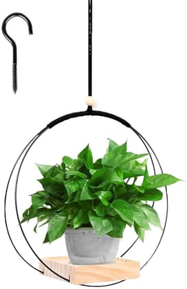 FENGCHUANG Suspension Plante Exterieur, 30x30cm Suspension Plante Suspendue, Métal avec Base en Bois - Support Pot de Fleurs et Plantes Intérieur et Extérieur (Noir)
