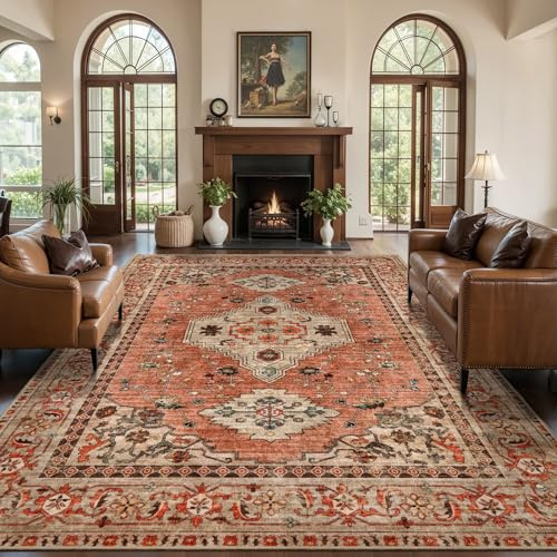 Tangsoo Boho Rug 5x7 Washable Area Rugs for Living Room, Oriental Vintage Indoor Non Slip Large Area Rug, Print Terracotta Carpet, Soft Low Pile Rug Foldable Floor Rugs for Bedroom Dining Room Dorm