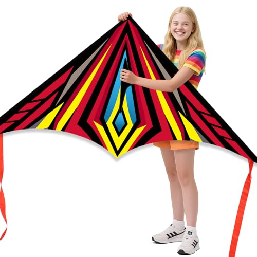 Larilook Cometas Delta para niños y adultos, cometa fácil de volar, cometas para principiantes para niños de 4 a 8 años, mango y línea de cometa incluidos, (rojo-A)
