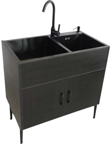 Évier De Service Noir/Blanc À Double Fente, Meuble De Salle De Bain Avec Lavabo, Évier De Cuisine Professionnel Pour Restaurant, Ensemble De Meubles Muraux Avec Étagères -Black Pull-out-75*41cm