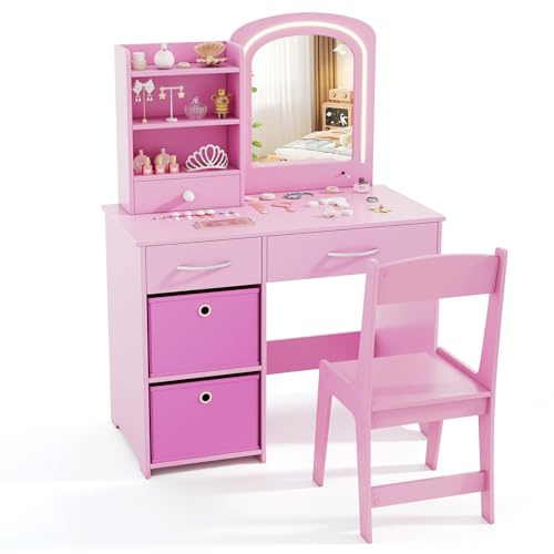 COSTWAY Sminkbord för Barn med LED-belysning, Spegel och Förvaring – Toalettbord med 3 Hyllor, 3 Lådor & 2 Avtagbara Non-Woven Lådor - Stabil och Säker Design, Rosa Prinsessset för Flickor från 3 år