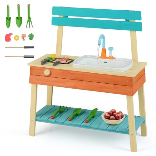 COSTWAY Cucina Giocattolo per Bambini, Cucinatta in Legno con Griglia, Manopola con Suoni, Cibo Giocattoloe e Lavello, Cucina di Fango Interattiva con Accessori da Giardinaggio, per Bambini 3-8 Anni