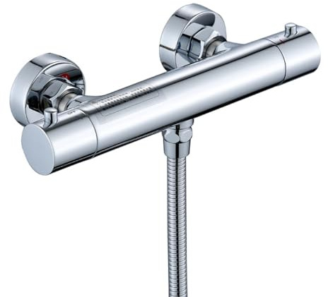 Thermostatic Shower Mixer Bar, Single Lever Exposed Bath Shower Mixer Valve with Constant Temperature Control, Anti-Scald Chrome Finish for Bathroom Hot Cold Water System (Classic Shower Mixer)