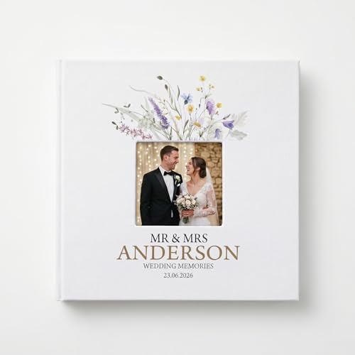 Personalised Large Wedding Photo Album, Linen Cover, Self-Adhesive, Acid-Free Pages, 28x27cm, Holds 120 Photos, Wildflowers Theme