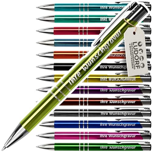 #teamludorf 50x Metall-Kugelschreiber mit Wunsch-Gravur - Personalisierte Kulis - Stift mit Namen - 14 Farben & 20 Schriftarten - 50 Stück - Farb-Mix
