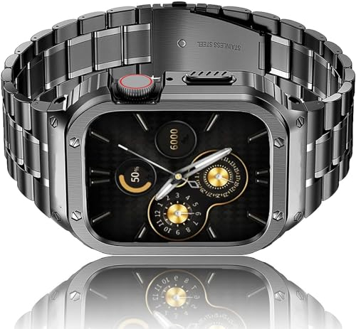 HASLFM Kompatibel mit Apple Watch Armband 45mm Series 9/8/7, Robustes Edelstahl Metall Ersatz Armband mit Gehäuse Cover für iWatch 45mm Series 9/8/7 für Männer, Grau