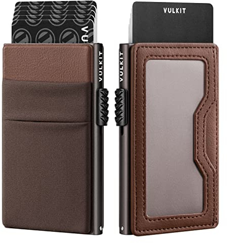 VULKIT Minimalist Wallet with ID Window & EDC Pocket Pop Up Card Holder RFID Blocking Slim Wallet Design for Airtag Cash Coins & Credit Cards (Espresso)
