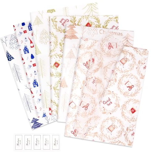 Larcenciel Seidenpapier Weihnachten 60 Blatt mit Aufkleber, Metallic Seidenpapier Verpackungsmaterial Roségold für Geschenktüten, Glitzer Weihnachtsbaum Geschenkpapier für Urlaub, Party, DIY, 70x50cm