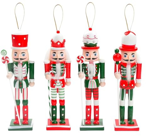 4p 12cm Red Green Wooden Christmas Nutcracker Soldier Ornaments,Christmas Tree Decorations Mini Nutcracker Figures Hanging Ornament,Nutcracker Soldier Puppet Doll Pendant for Tree Tradition Xmas Decor