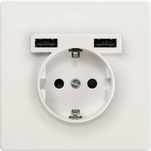 SIMON - Kit Enchufe de Empotrar Schuko + 2USB-A, Serie Simon 270, Enchufe de Pared Plano y Fino, Enchufe Hembra, Fácil de Instalar, Apto para Interiores, Incluye Marco, Tapa y Mecanismo, Color Blanco