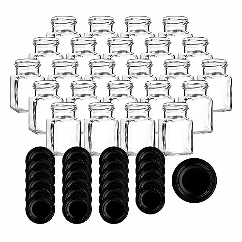 gouveo 24er Set Einmachgläser 150 ml eckig mit Schraubdeckel schwarz - Kleine Vorratsgläser mit Drehverschluss - Leere Marmeladengläser, Einkochgläser, Aufbewahrungsgläser (EGE150SZ)