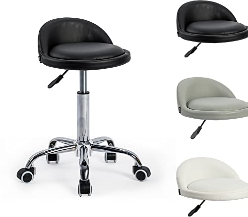Mingone Bürohocker Höhenverstellbar Rollhocker mit Lehne Drehhocker mit Rollen Arbeitshocker Ergonomischer Hocker 360° Drehbar Sitzhocker aus Pu-Leder, Schwarz