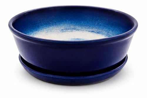 KERAZO keramisk bonsaiskål där underskålen är fäst direkt på växtskålen är rund 17,5 x 6 cm hög kvalitet, robust, frostbeständig, hållbar med markhål (blå)