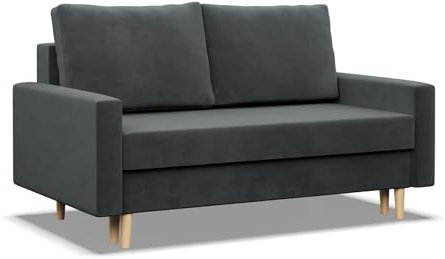 Mebligo - Sofa mit Schlaffunktion und Bettkasten Blank, 2 Sitzer Sofa 152 cm Breit, Schlafsofa, Ausziehbares Couch auf Holzfüßen,Schlafcouch - Dunkelgrau
