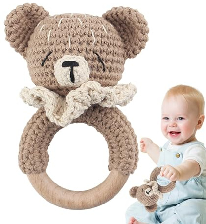 Sonajero de crochet para bebés, sonajeros suaves para bebés | Sonajero de ganchillo relleno interactivo, juguete de madera con sonajero de animales - Innovador anillo de sonajero de ganchillo