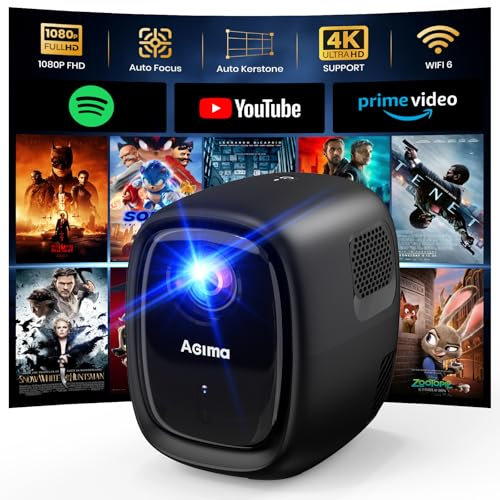 [Auto Focus/Apps integrata] Mini proiettore con WiFi y Bluetooth 4K 1080P Nativo Proiettore con Apps e Android TV OS, Correzione Auto, Altoparlante Stereo, Proiettore Portatile Nero