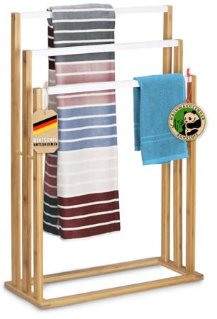 Floordirekt Toallero de bambú Kentucky – Elegante toallero de pie en forma de escalera con 3 barras escalonadas – Toallero moderno para baño y aseo de invitados, 24 x 54 x 82 cm