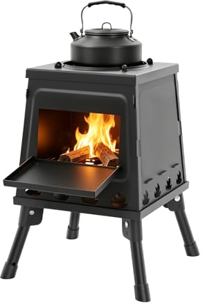 Bärbar tältugn träugn utomhusköksugn med justerbar kastrullhållare bärväska brännstång handskar, campingtillbehör, vindtät campinggrill för camping trädgård