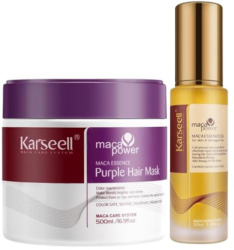 Karseell MACA CARE SYSTEM Pack Mascarilla Capilar Violeta Matizadora Antiamarillo + Sérum Aceite de Argán Karité Hidratante Reparador Antifrizz Profesional Cabello Rubio Canas Decolorado Sin Sulfatos