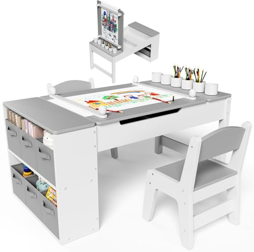 Clevich Kindertisch mit 2 Stühlen, Tisch-Stuhl Set Holz, Kindersitzgruppe mit Stauraum, Maltisch mit Papierrolle, Mal und Basteltisch für ab 3 Jahre (Grau)