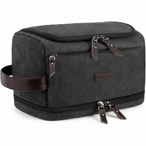ZOMFELT Neceser para hombre, bolsa de aseo de viaje de lona de doble capa, organizador de viaje resistente al agua con elástico, kit de gran capacidad, bolsa de higiene para afeitar, color negro