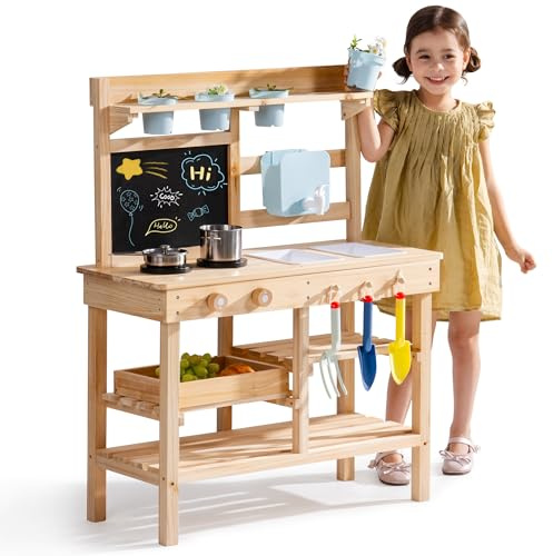 ROBUD Cuisine boueuse en bois pour tout-petits, cuisine de jeu d'extérieur avec évier, cuisinière, pots de fleurs, tableau, compartiment de rangement et accessoires de cuisine, jouets à roulettes pour