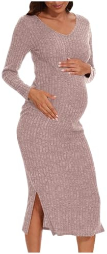 Zeiayuas Jumper Dress for Women Maternity Long Sleeve V Neck Knitted Dresses Ladies A-Line Elegant Sweater Winter Dresses Ribbed Knit Midi Dress Elegant Csual Slim Fit Bodycon for Pregnancy Pink