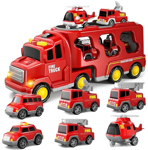 Tmefoy Camion Bomberos Juguete, 7 en 1 Camion Transportador de Coches con 4 Mini Vehículos Bomberos, Sonido y Luces Camion de Bomberos de Fricción Regalo para Niños Niñas 3 4 5 6 7 Años