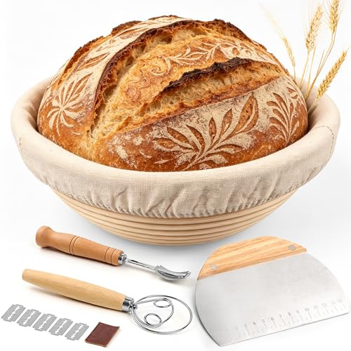 FIVAVA Gärkorb Brot Set, Gärkörbchen Rund 23cm,Brot Backen Zubehör Hochwertiges Rattan Mit Leinenbezug,Teigbesen,Bäckermesser,Teigbesen für Anfänger & Profibäcker,Brotgärkorb,Brotbacken