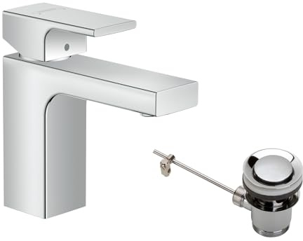 hansgrohe Waschtischarmatur Vernis Shape, Wasserhahn Bad mit Auslauf Höhe 100 mm, mit Zugstange, Badarmatur wassersparend, Chrom