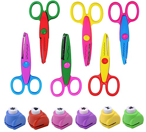 6Pcs Sicherheits Zickzackschere und 6Pcs Papierstanzer,Bastelschere Set Kinder, Kinder Zickzackschere,wellenschere,für DIY Scrapbooking, Fotogestaltung, Stempel, Papierschnitt, Handwerk Mehrfarbig