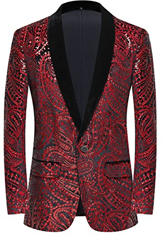 PYJTRL Giacca da Uomo con Paillettes Lucide Giacca Classica da Abito Floreale Moda, Adatta per Feste, Matrimoni, Banchetti, Balli,Red,3XL