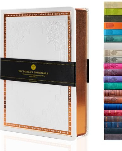 VICTORIA'S JOURNALS konstläder vintage journal hårt omslag fodrad anteckningsbok gammal snygg resedagbok, A5 storlek 5,7 tum x 8,1 tum, ONB0042, vit
