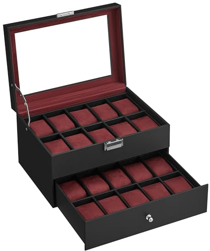 SONGMICS Caja de Relojes, Navidad, Estuche de Relojes con Tapa de Cristal de 2 Niveles, con Cerradura, 1 Cajón, para Anillos, Pulseras, Regalo Ideal, Cuero Sintético Negro y Forro Rojo Vino JWB020R01