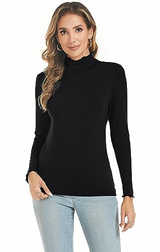 Famrrifuu Tee Shirt Femme Manches Longues Haut Col Montant Élégant Top Basique Léger Col Roulé T Shirt Blouse,Noir,M