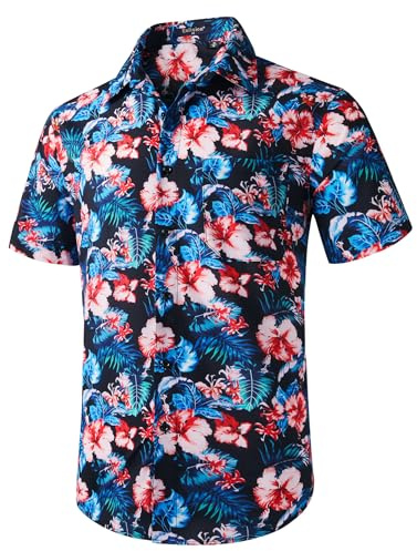 Enlision hawaiiansk sommar herrskjorta, kortärmad med framficka, casual med Aloha och Beach Palm tryck