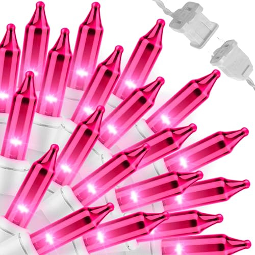 LAMPHOME Pink Christmas Lights Set 100 Count 19.6 Feet Incandescent Bulb Mini String Lights for Indoor Christmas Tree Garland Birthday Wedding Party Festival Decoration, White Wire