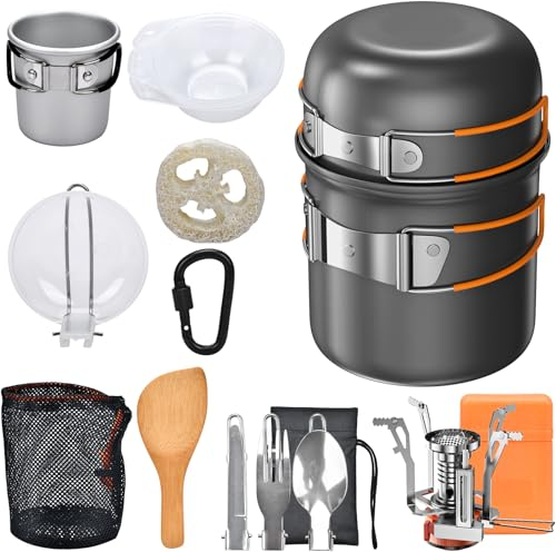 Onherm 15pcs Kit de Utensilios de Cocina Camping, Juego de Olla Sartén de Aluminio Vajilla Plegables con Taza y Hornillos Camping para Acampada Senderismo Picnic Exteriores Camper Furgoneta