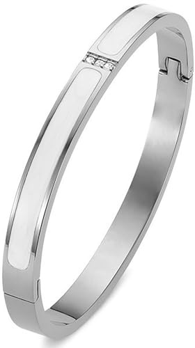 Heyjoin Women's Stainless Steel Bracelet Crystal Oval Bangle Round Bracelets (White Glaze Silver)