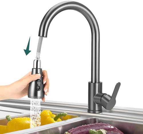 Robinet de cuisine en acier inoxydable - Extensible - Noir - Haute pression - Pivotant à 360° - Tuyau d'extension de 60 cm - Robinet basse pression