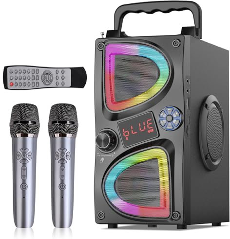 SUPNIU Máquina de karaoke para niños y adultos, altavoz portátil Bluetooth pequeño para cantar karaoke con 2 micrófonos inalámbricos y luces LED, juguetes de regalo para todos los teléfonos